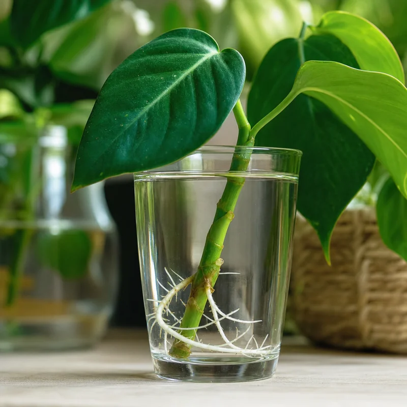 Bouturage d'une tige dans un verre d'eau avec de jeunes racines